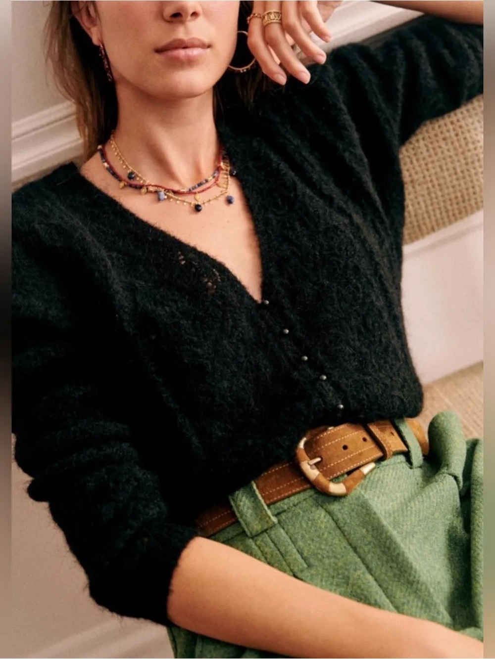 Sezane Lison Wool Blend Knit Cardigan in Black, S